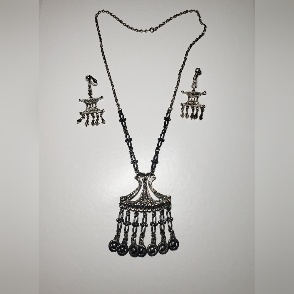 Vintage Scandinavian Pendant Necklace And Clip On Earrings